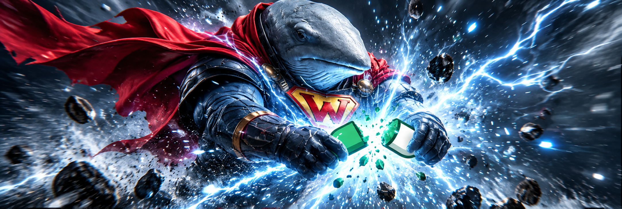 Super Whale tears a green and white capsule apart as blue lightning and debris burst around the red cape.