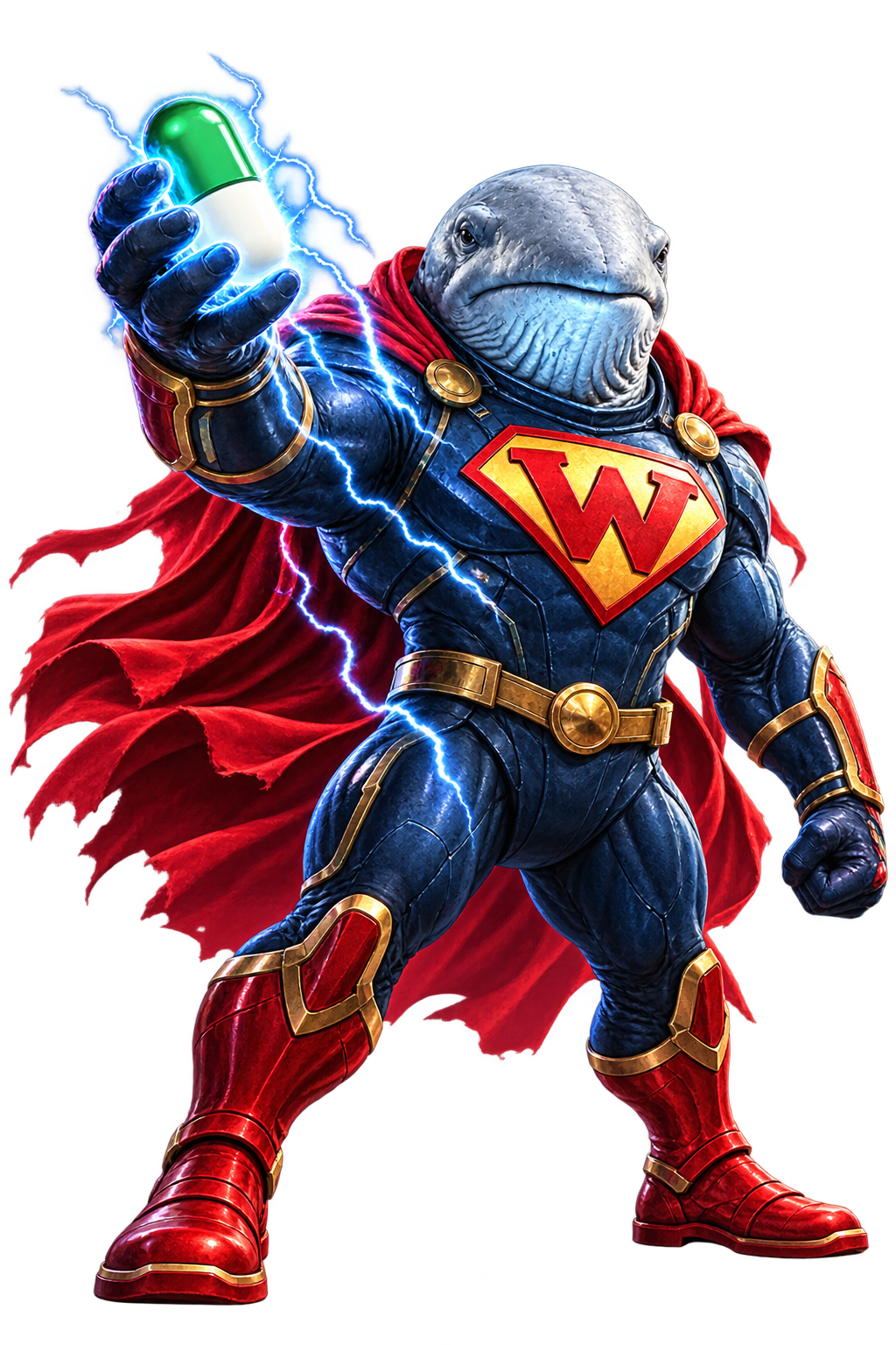 Super Whale, a white whale superhero in a navy suit and red cape, holding a capsule wrapped in blue lightning.